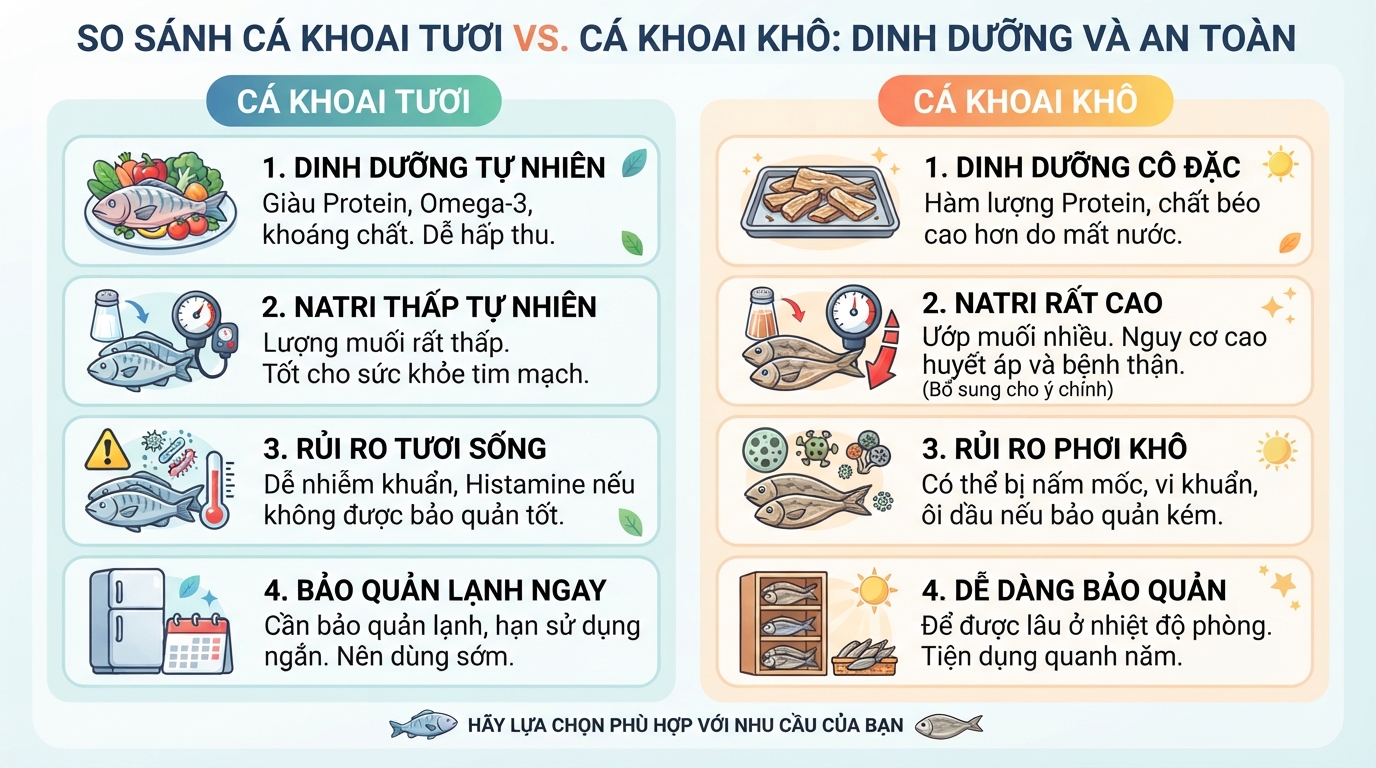 Quá trình phơi khô khiến lượng natri tăng đáng kể so với dạng cá tươi.