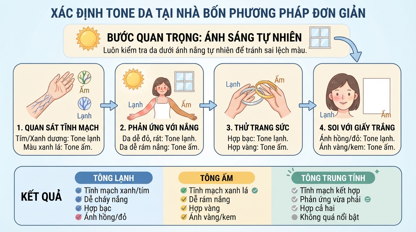 Quan sát da dưới ánh sáng ban ngày tự nhiên giúp tránh sai lệch màu sắc.