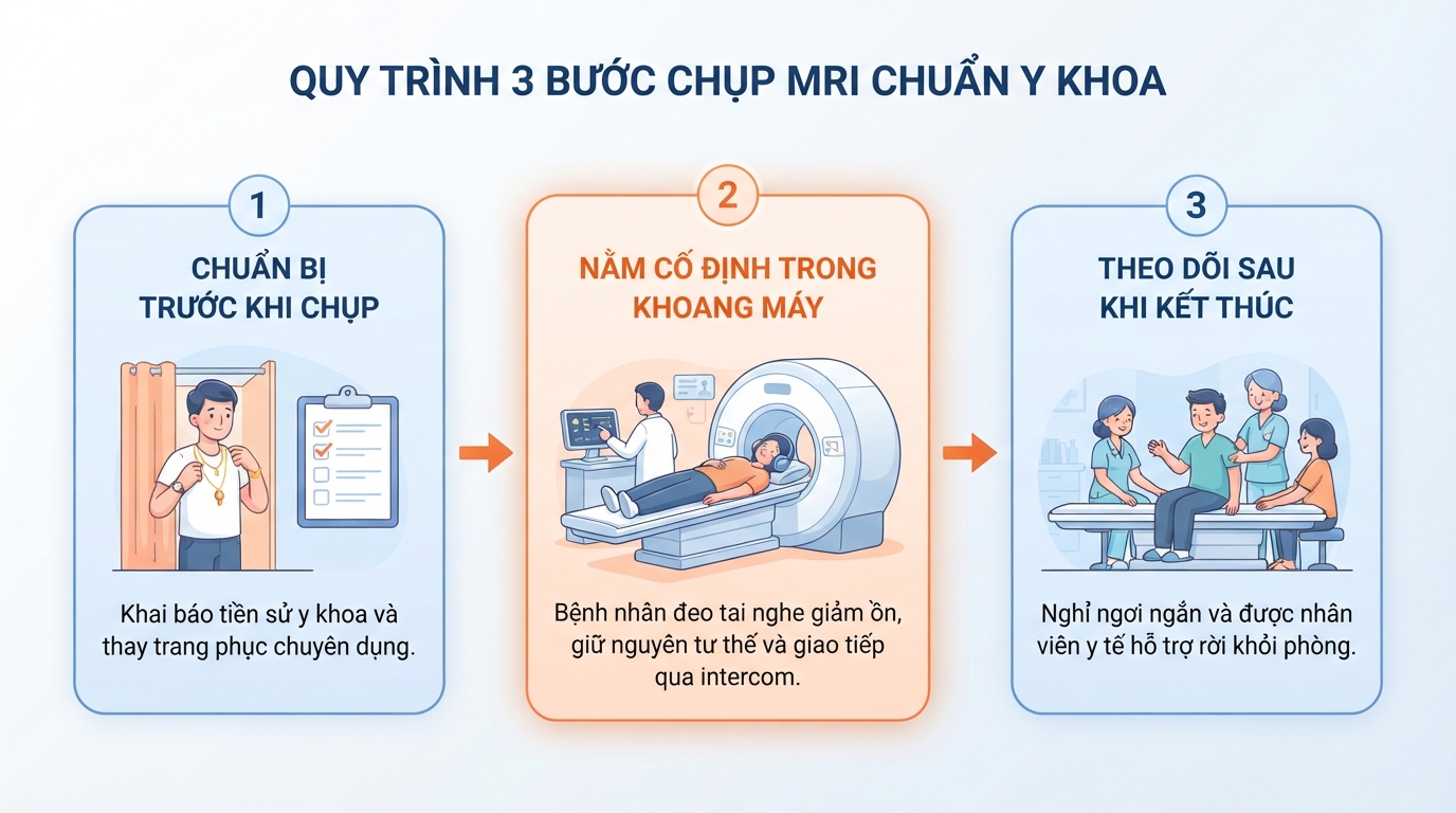Quy trình 3 bước thăm khám chuẩn y khoa trong phòng chụp MRI.