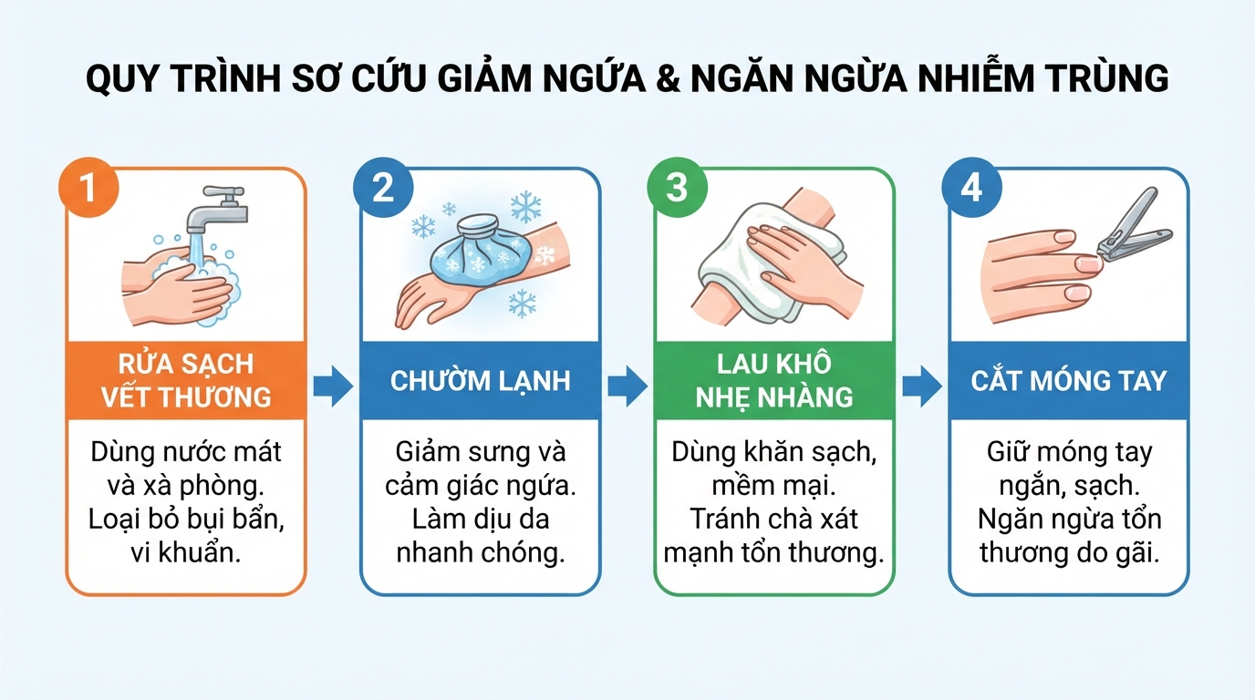 Quy trình 4 bước sơ cứu giảm ngứa và ngăn ngừa nhiễm trùng.