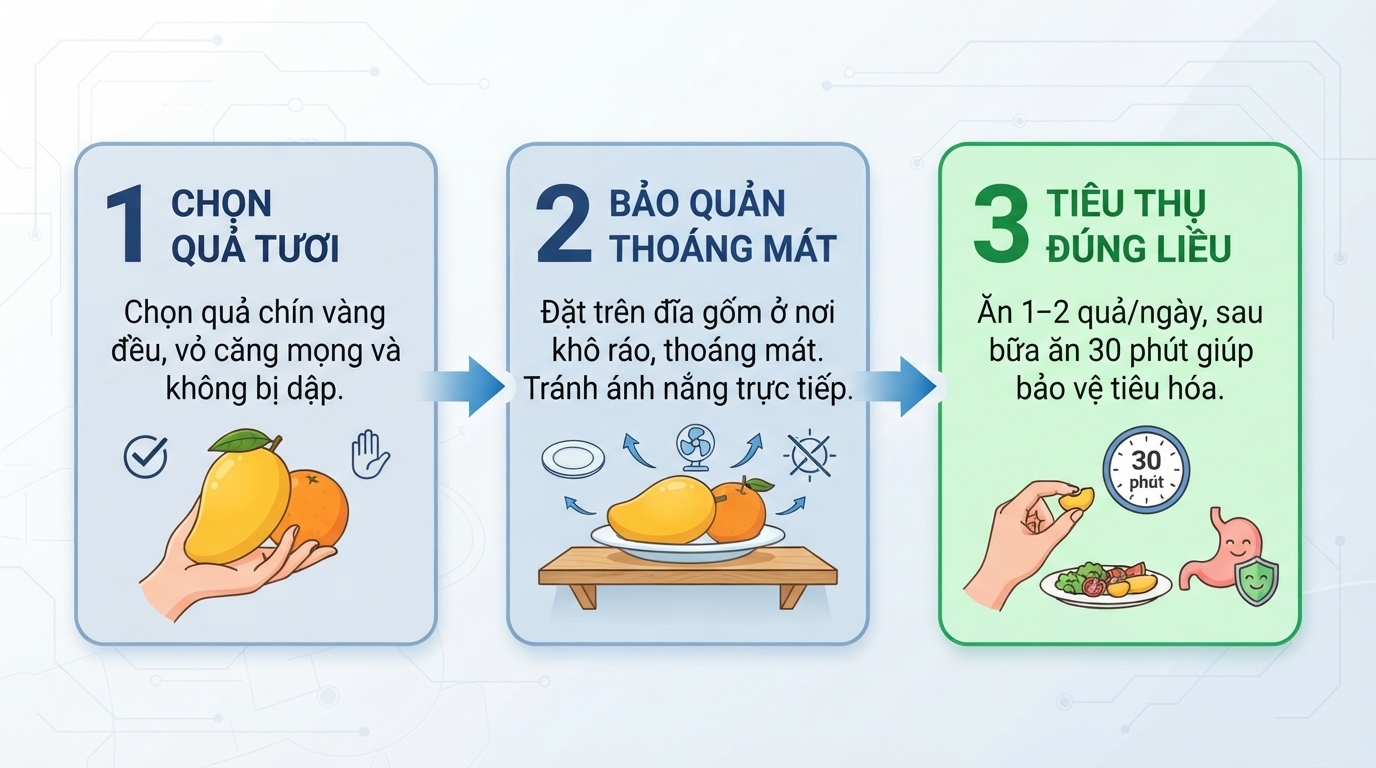 Quy trình ba bước chọn quả, bảo quản thoáng mát và tiêu thụ đúng liều.