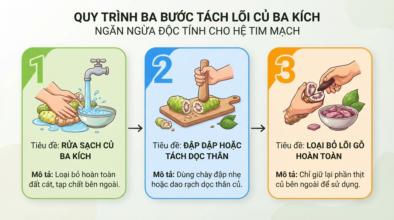 Quy trình ba bước tách bỏ phần lõi gỗ củ ba kích giúp ngăn ngừa độc tính cho tim.