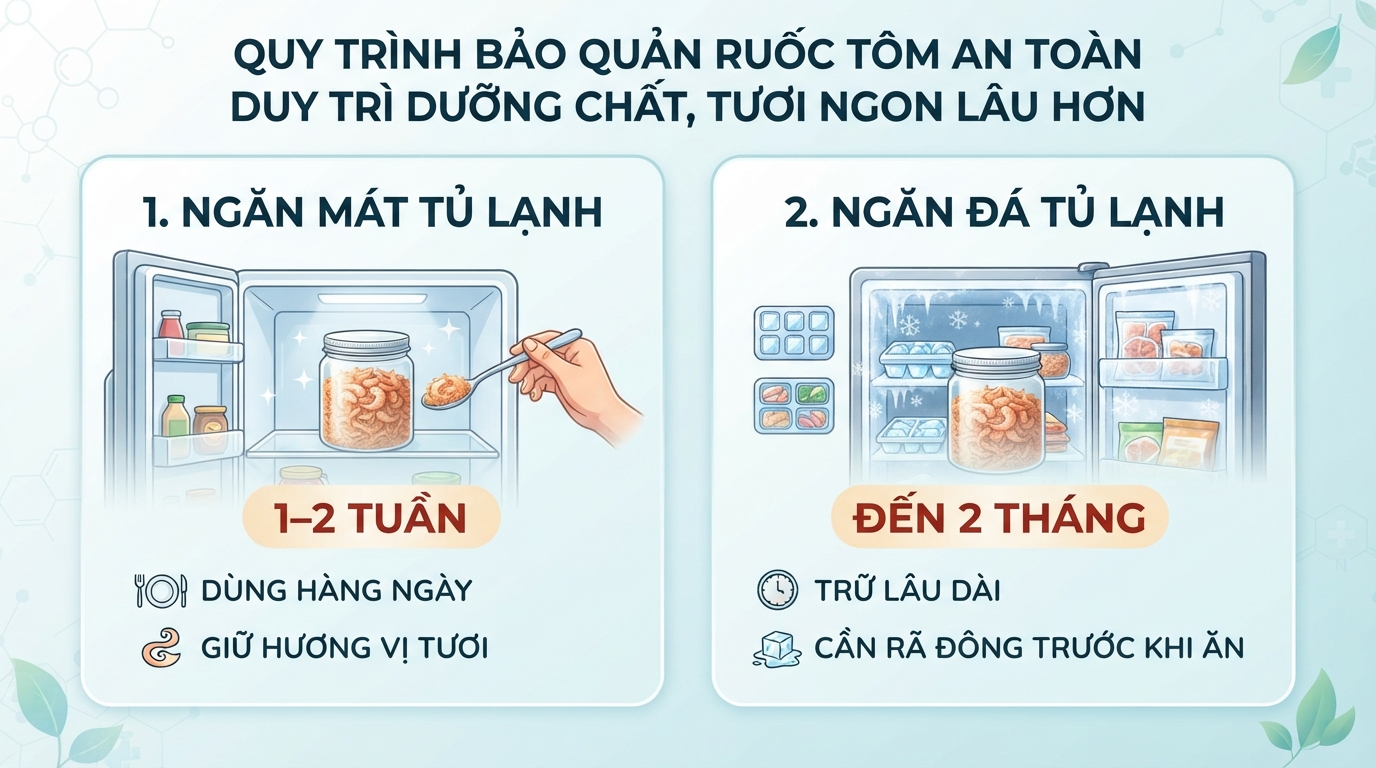 Quy trình bảo quản ruốc tôm an toàn trong tủ lạnh giúp duy trì dưỡng chất lâu hơn.