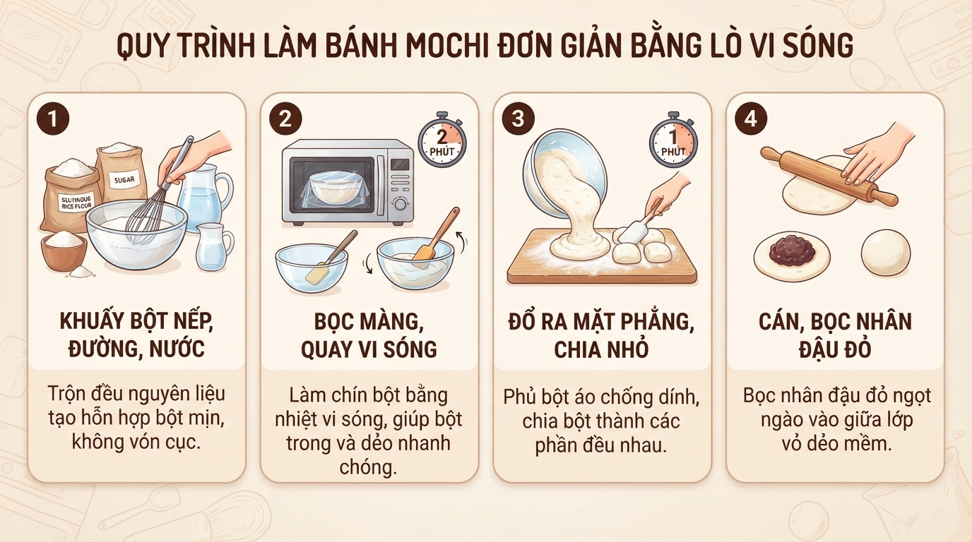 Quy trình chế biến vỏ bánh nếp dẻo mịn bằng lò vi sóng đơn giản tại nhà.