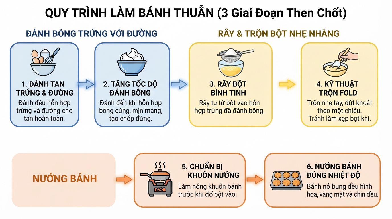 Quy trình đánh trứng và nướng bánh đúng kỹ thuật quyết định độ nở và hình dáng hoa.