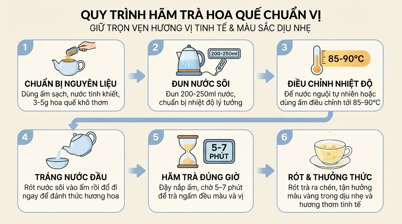 Quy trình hãm trà chuẩn nhiệt độ và thời gian giúp giữ trọn vẹn hương vị tinh tế.