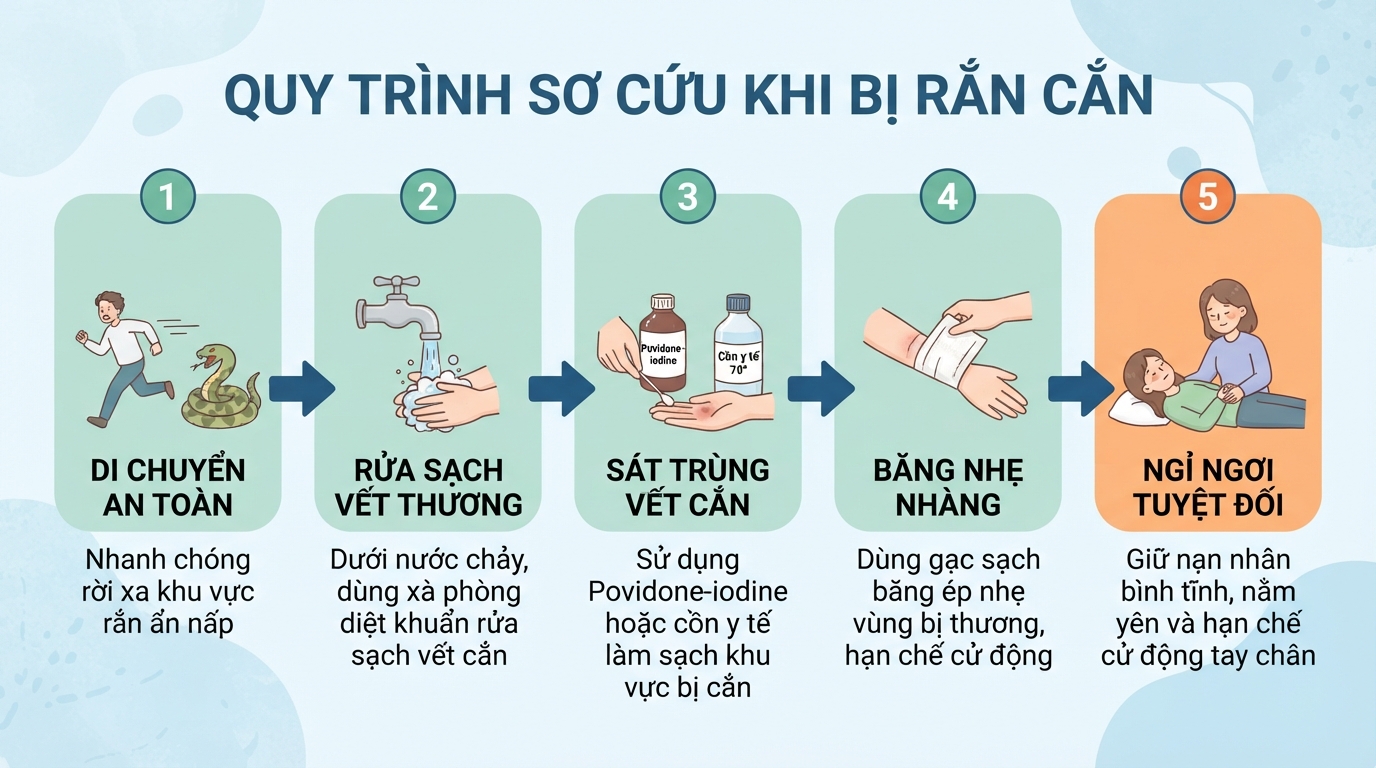 Quy trình rửa sạch, sát trùng và băng gạc đúng cách khi bị rắn cắn.