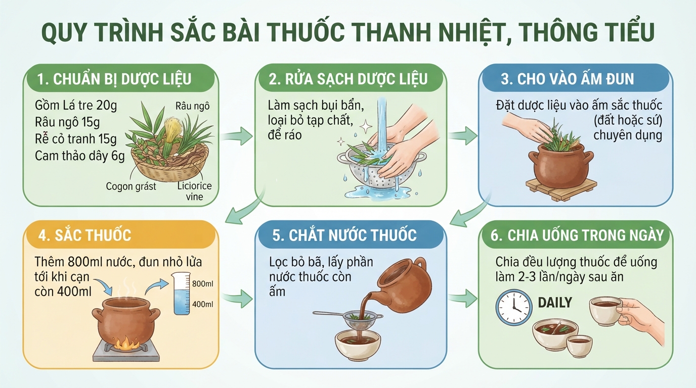 Quy trình sắc bài thuốc thảo dược giúp thanh nhiệt và thông tiểu dắt hiệu quả.