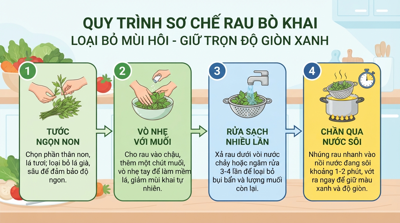 Quy trình sơ chế giúp loại bỏ mùi khai nhưng vẫn giữ trọn độ giòn xanh.