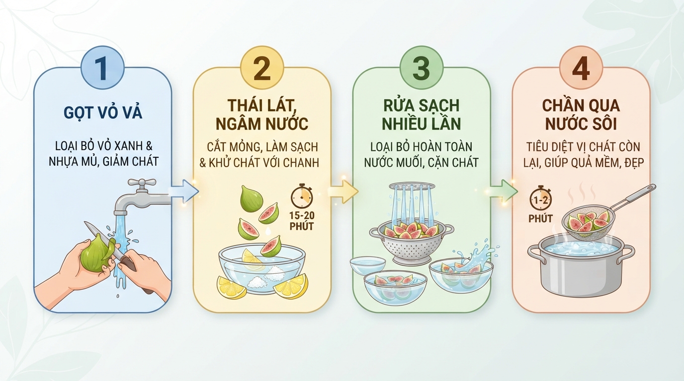 Quy trình sơ chế từng bước giúp giảm tối đa vị chát và nhựa mủ bám. Quy trình sơ chế từng bước giúp giảm tối đa vị chát và nhựa mủ bám.