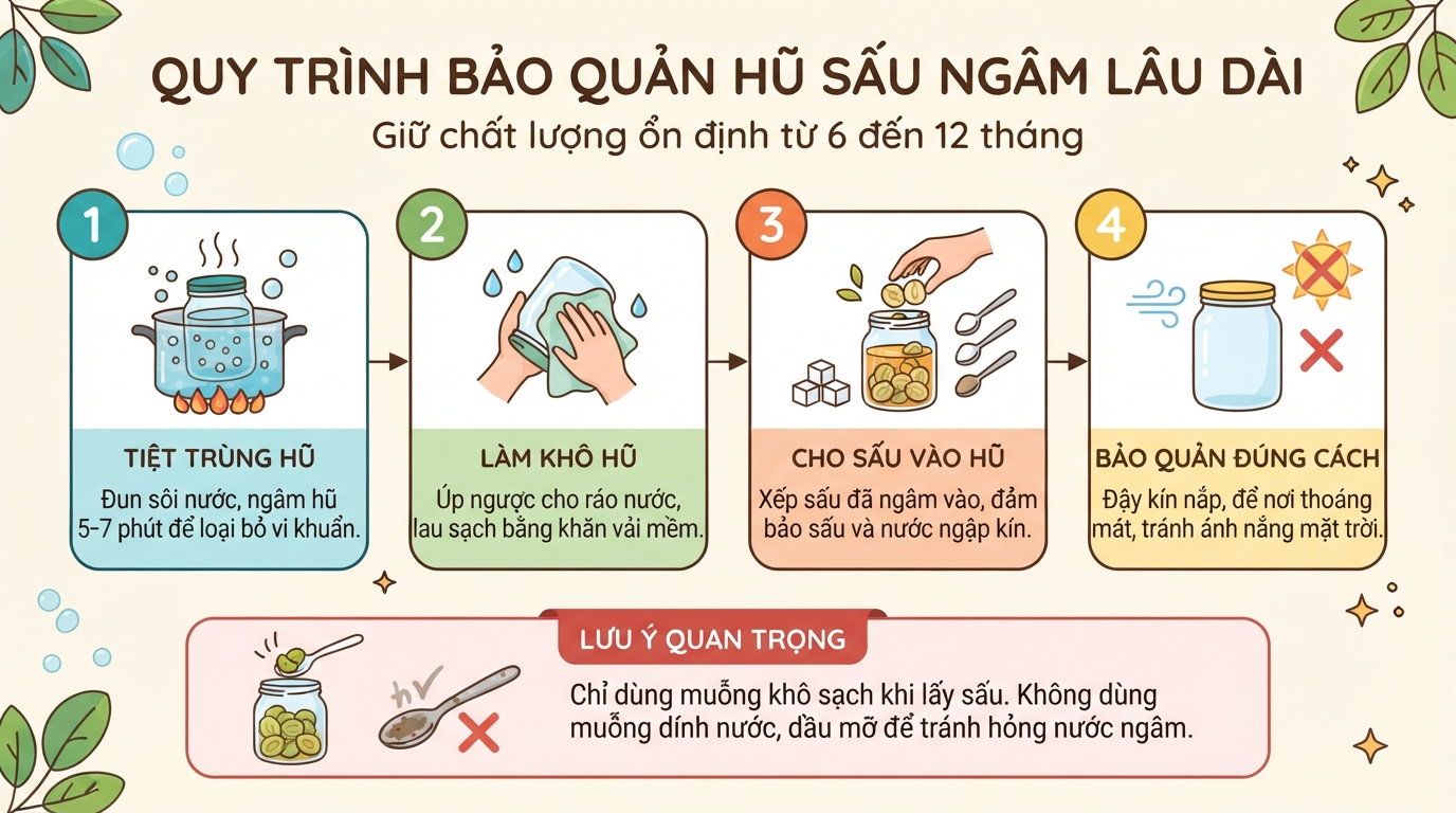 Quy trình tiệt trùng dụng cụ và bảo quản đúng cách giúp hũ sấu để được lâu.