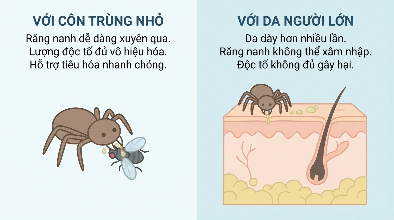 Răng nanh nhện nhà rất nhỏ nên hiếm khi tiêm đủ lượng độc tố qua da người.