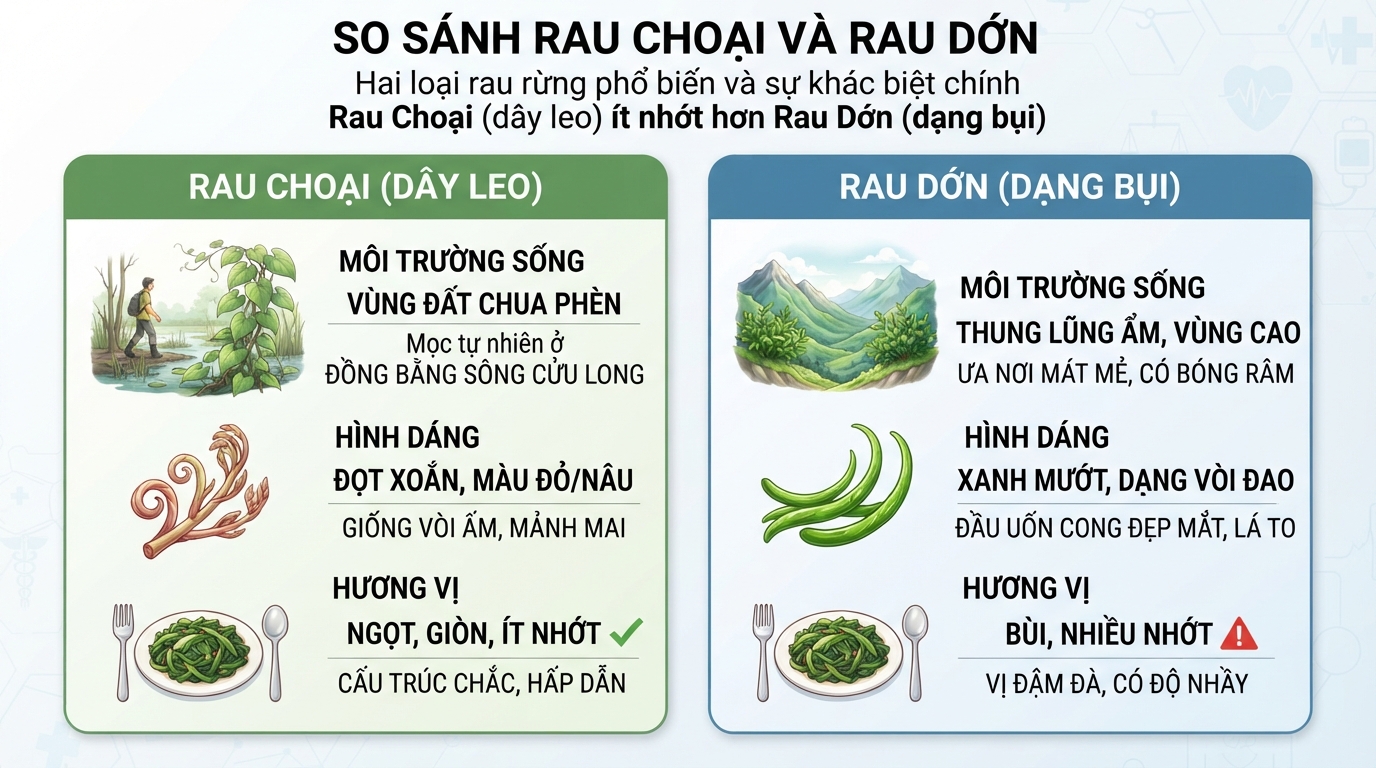 Rau choại dạng dây leo ít nhớt hơn so với dạng bụi của rau dớn.