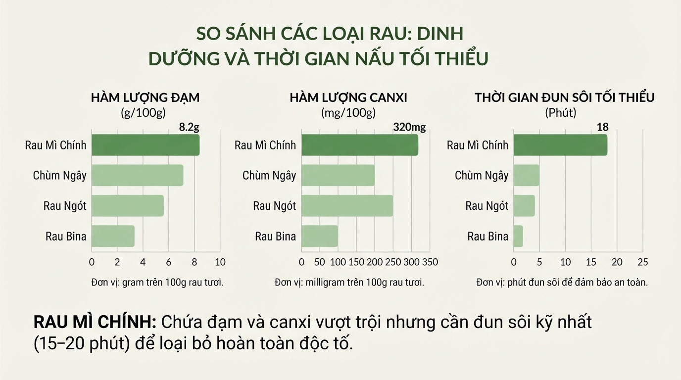 Rau mì chính chứa đạm và canxi vượt trội nhưng cần đun sôi kỹ nhất.
