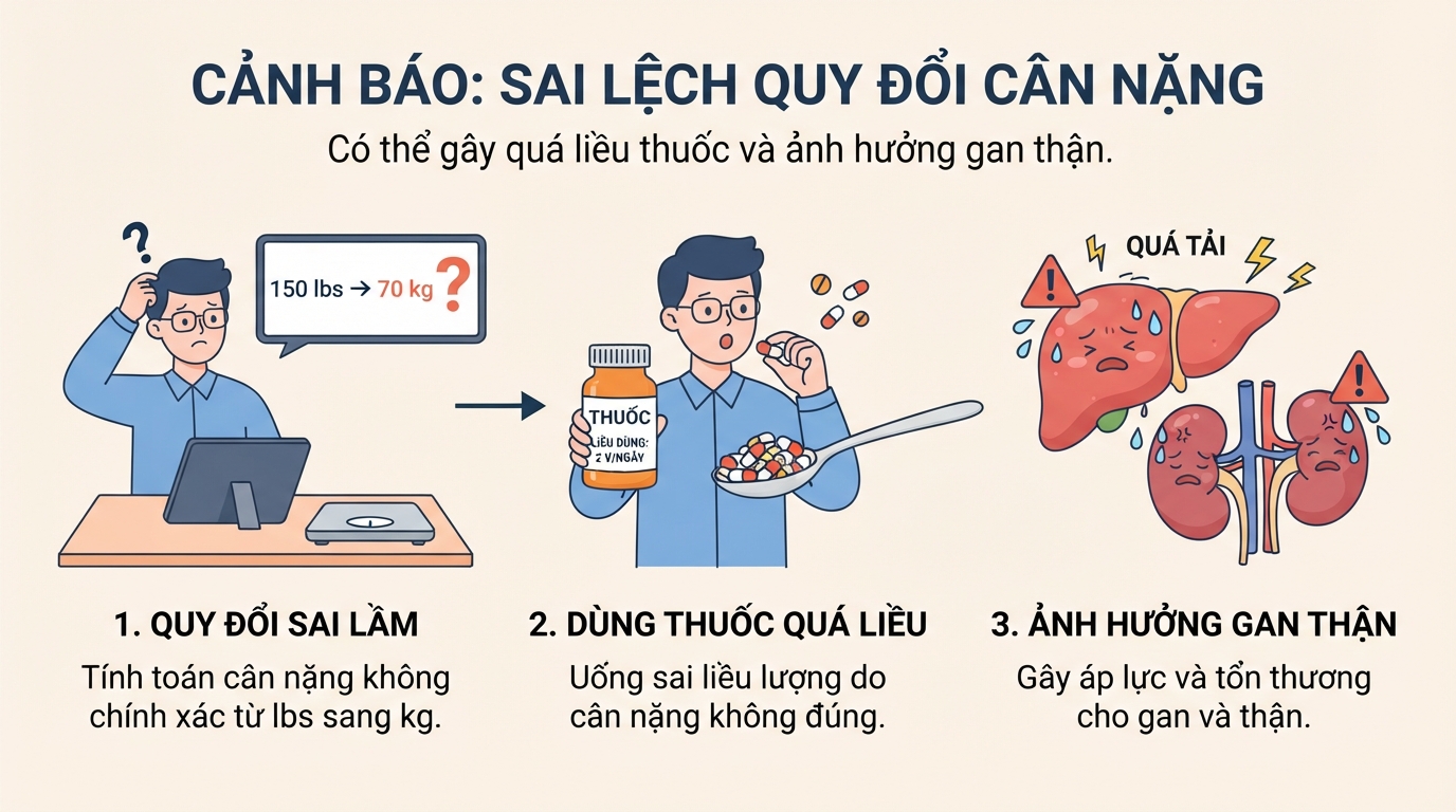 Sai lệch quy đổi cân nặng có thể gây quá liều thuốc và ảnh hưởng gan thận.