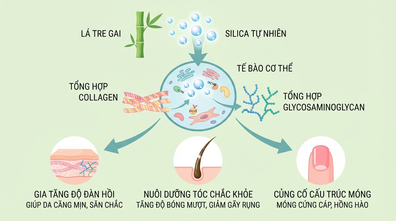 Silica tự nhiên kích thích tổng hợp collagen giúp làn da và mái tóc khỏe đẹp.