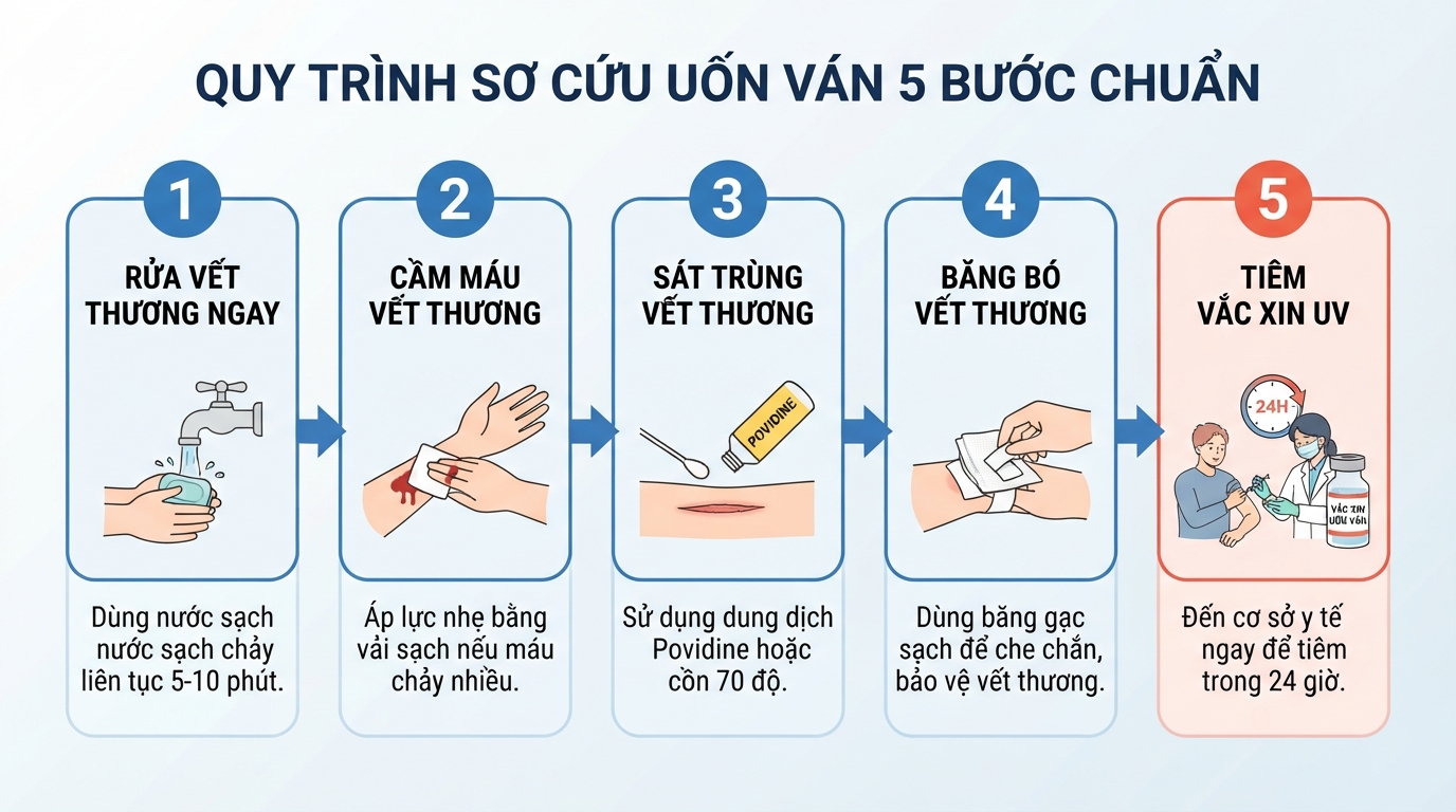 Sơ cứu đúng 5 bước giúp ngăn chặn hiệu quả nguy cơ nhiễm trùng uốn ván.