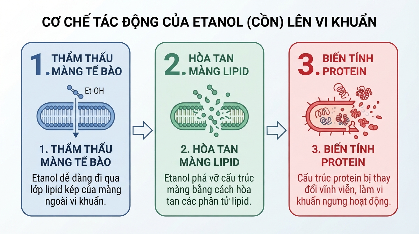 Sơ đồ ba bước cồn thẩm thấu và làm biến tính protein tế bào vi khuẩn.