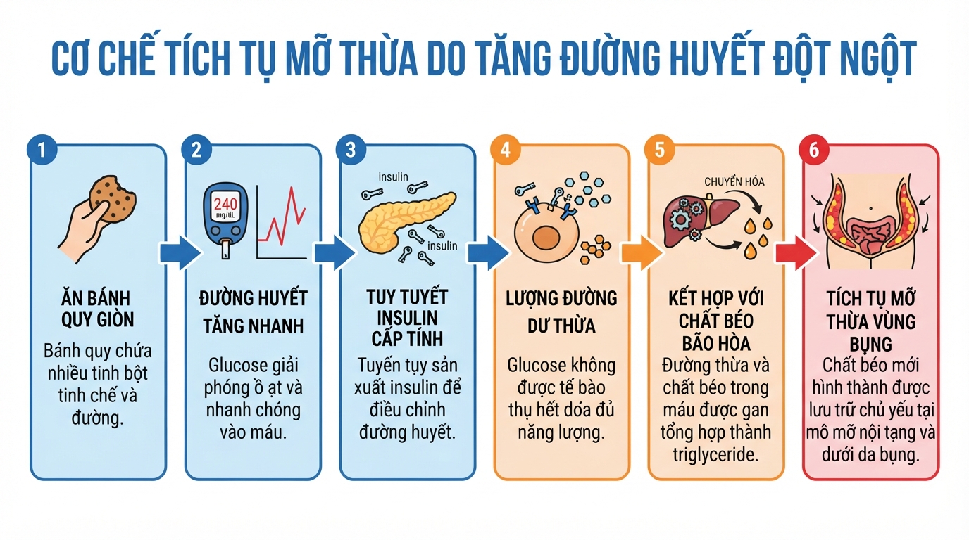 Sơ đồ cơ chế tích tụ mỡ thừa do tăng đường huyết đột ngột.