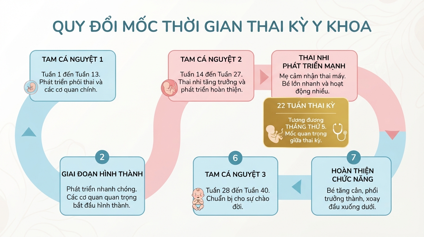 Sơ đồ giải đáp 22 tuần là mấy tháng theo quy chuẩn thai kỳ y khoa.