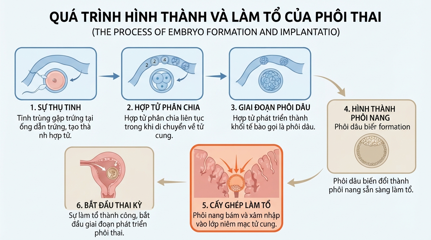 Sơ đồ giải đáp phôi là gì và quá trình hợp tử di chuyển làm tổ.