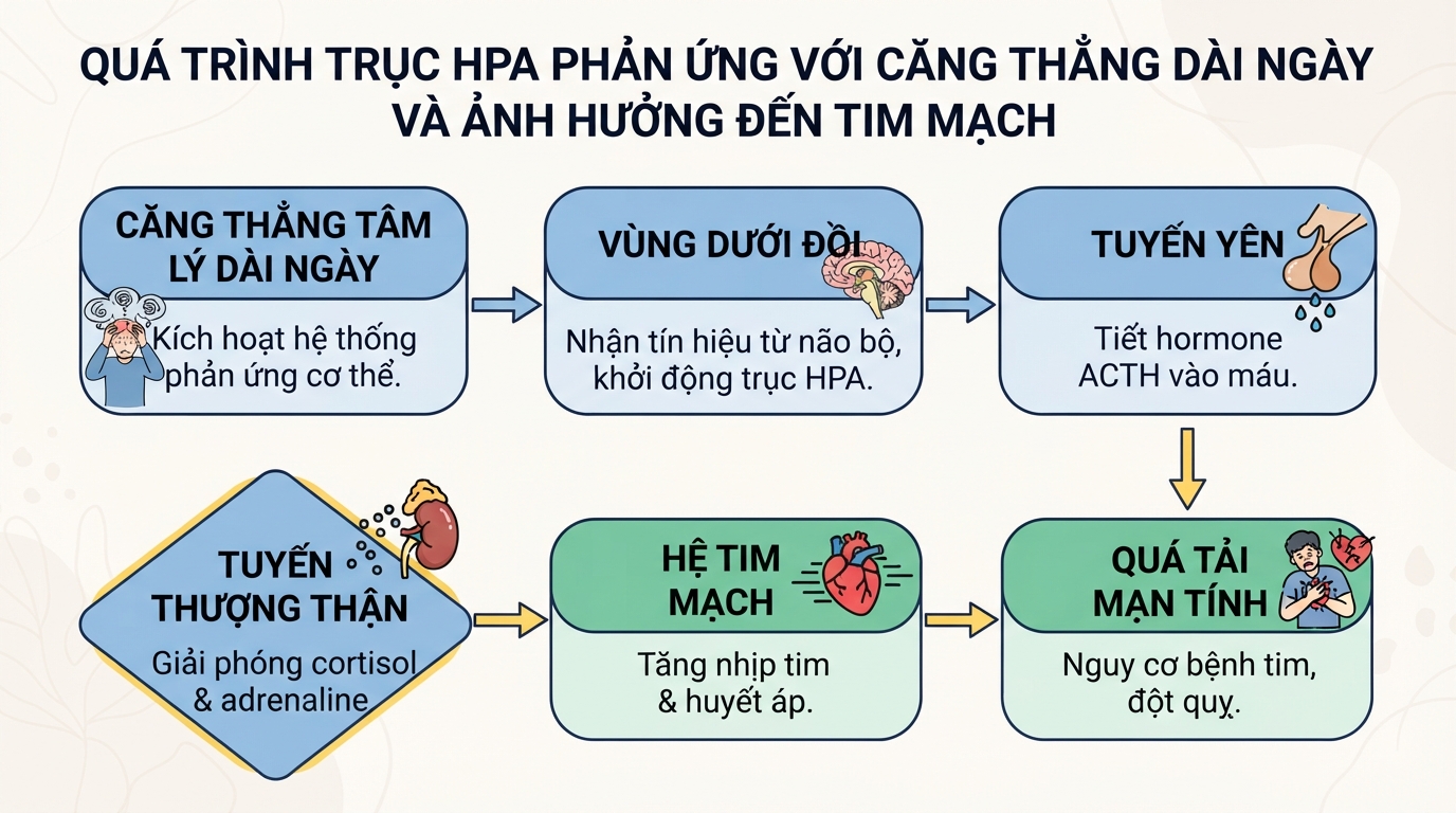 Sơ đồ hoạt động của trục HPA giải phóng cortisol gây quá tải cho hệ tim mạch.
