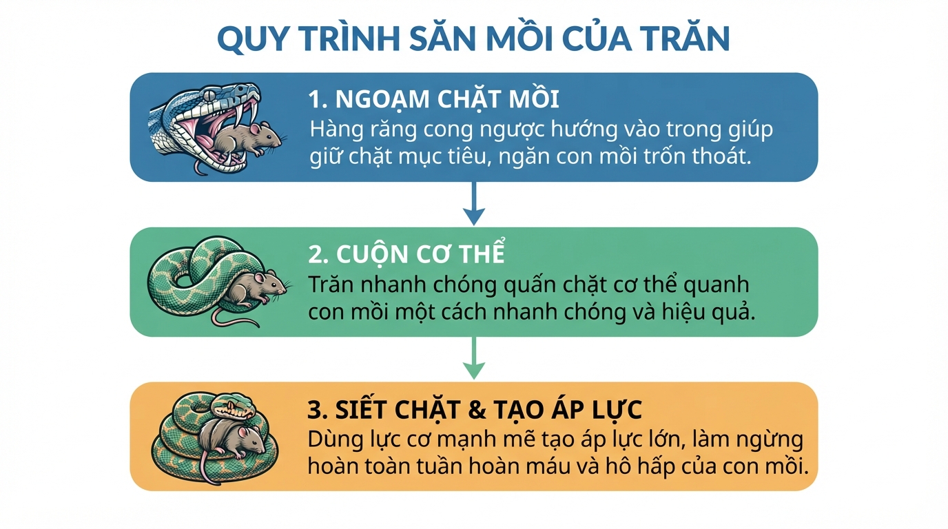 Sơ đồ mô tả quy trình trăn ngoạm giữ mồi và dùng lực cơ siết chặt.
