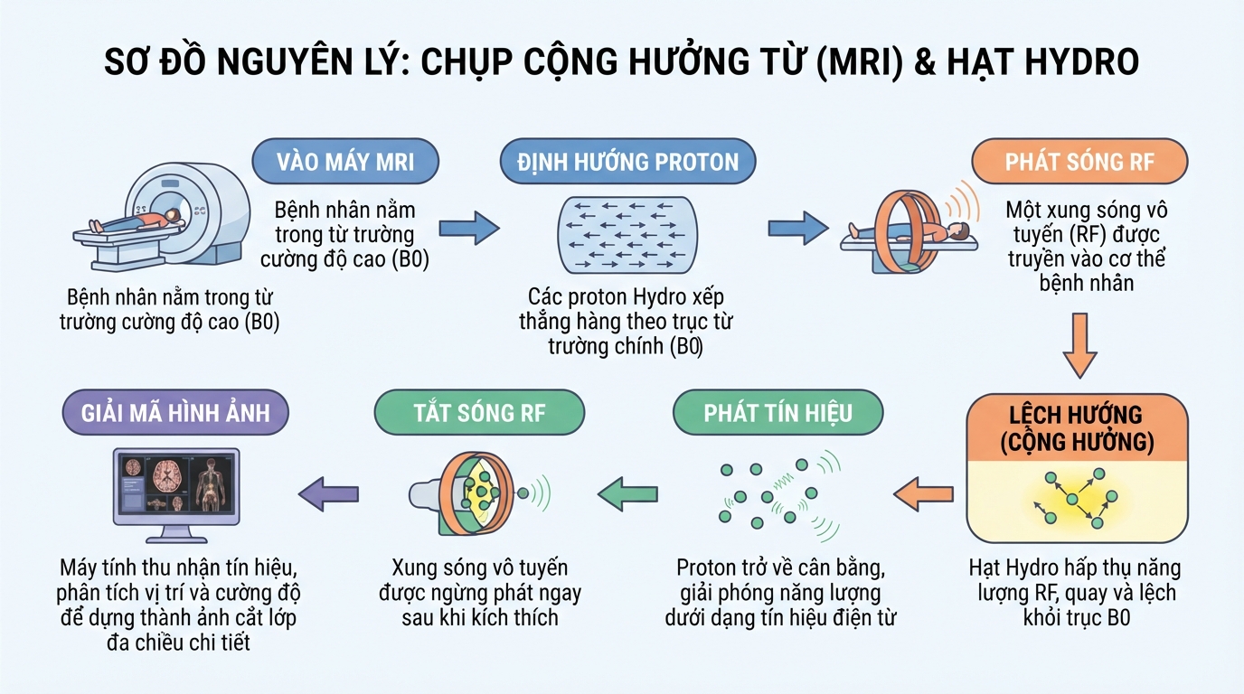 Sơ đồ nguyên lý tác động hạt Hydro giải thích chụp cộng hưởng từ là gì.