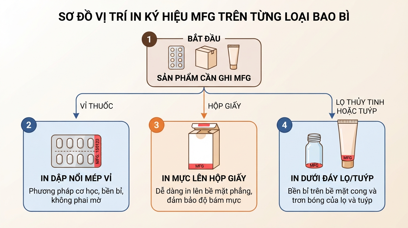 Sơ đồ vị trí in ký hiệu MFG trên từng loại bao bì sản phẩm.