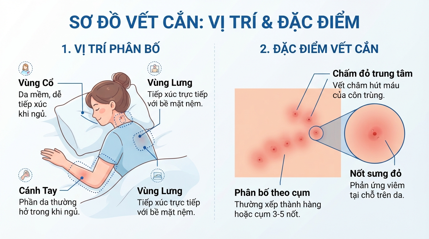 Sơ đồ vị trí phân bố và đặc điểm vết cắn trên vùng da hở.