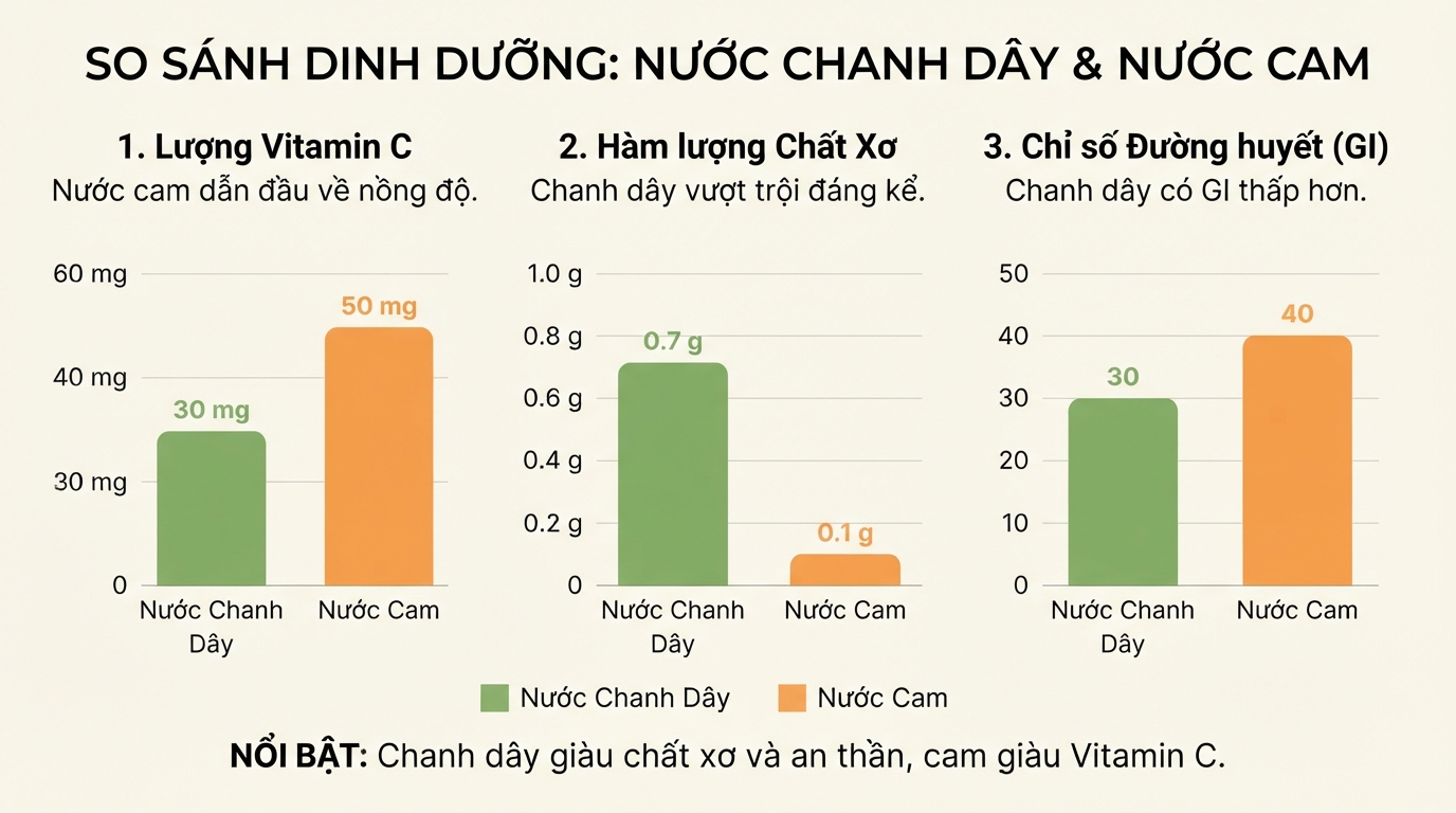 So sánh các chỉ số dinh dưỡng chính giữa nước chanh dây và nước cam.