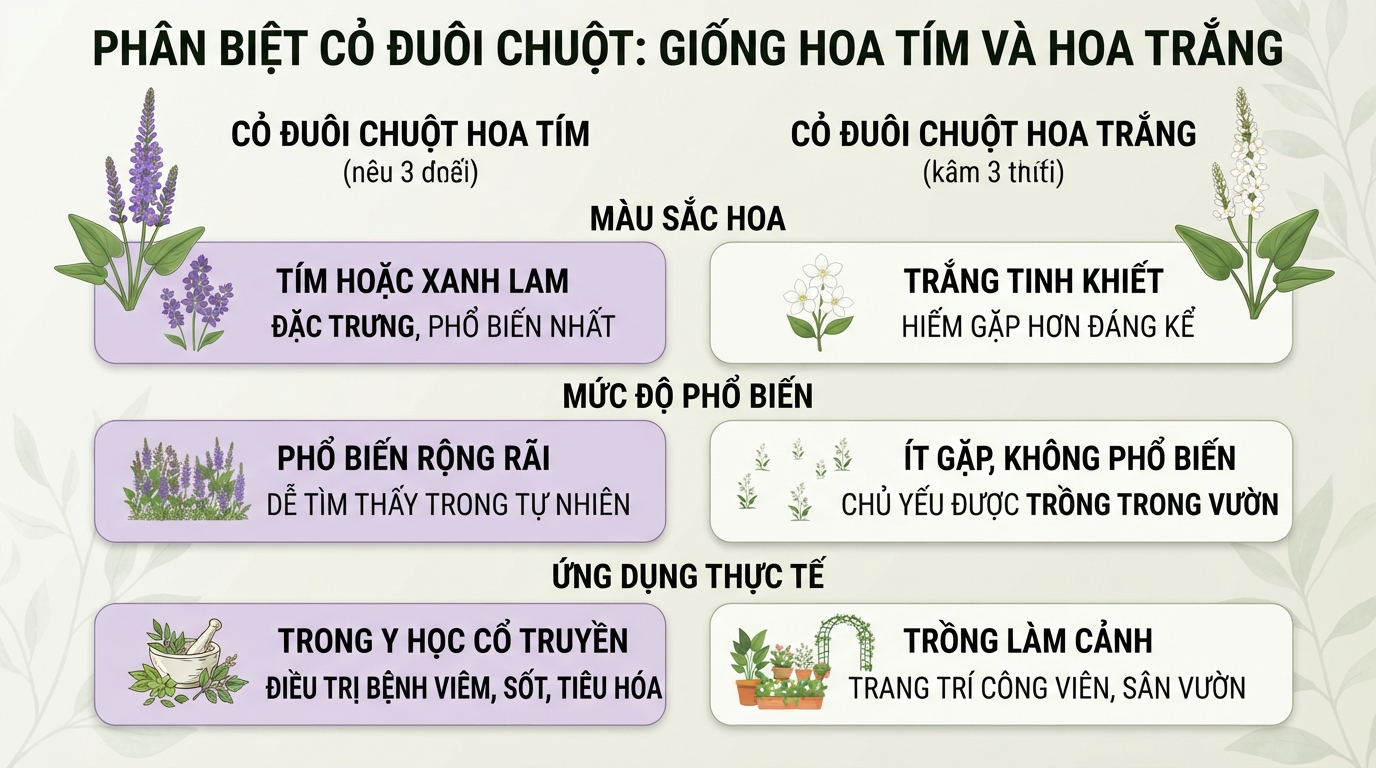 So sánh các tiêu chí phân biệt giữa giống hoa tím truyền thống và hoa trắng.