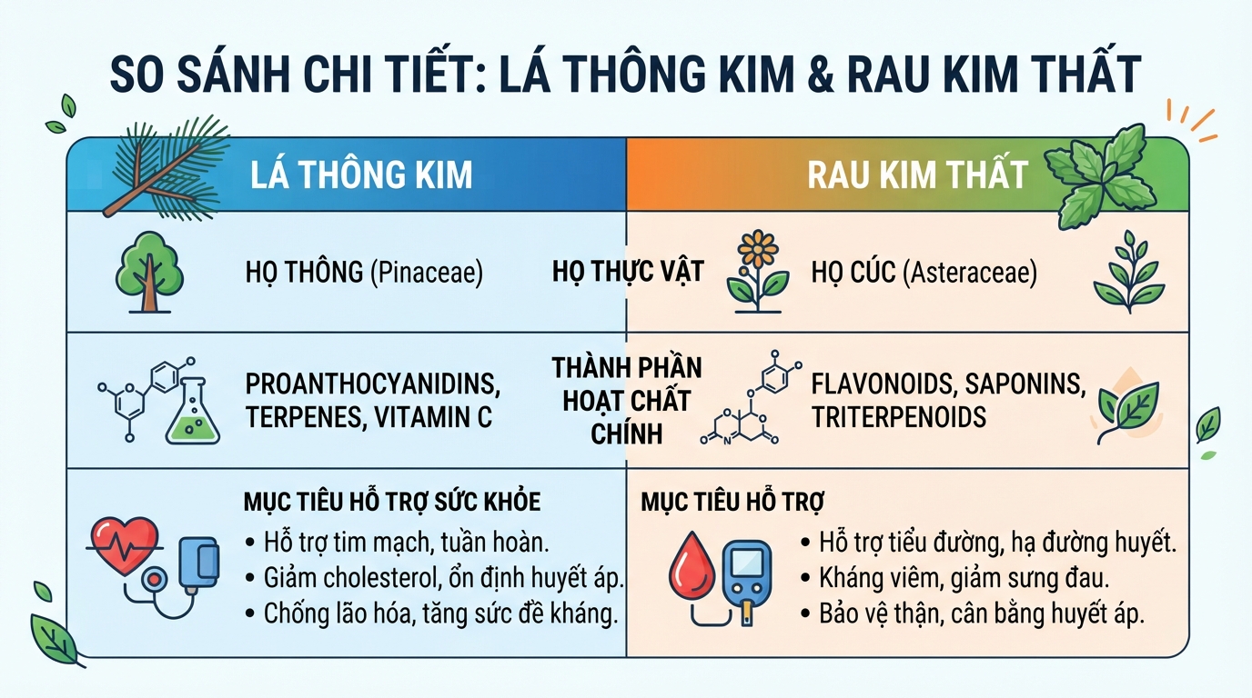 So sánh chi tiết thành phần và công dụng giữa lá thông kim và rau kim thất.