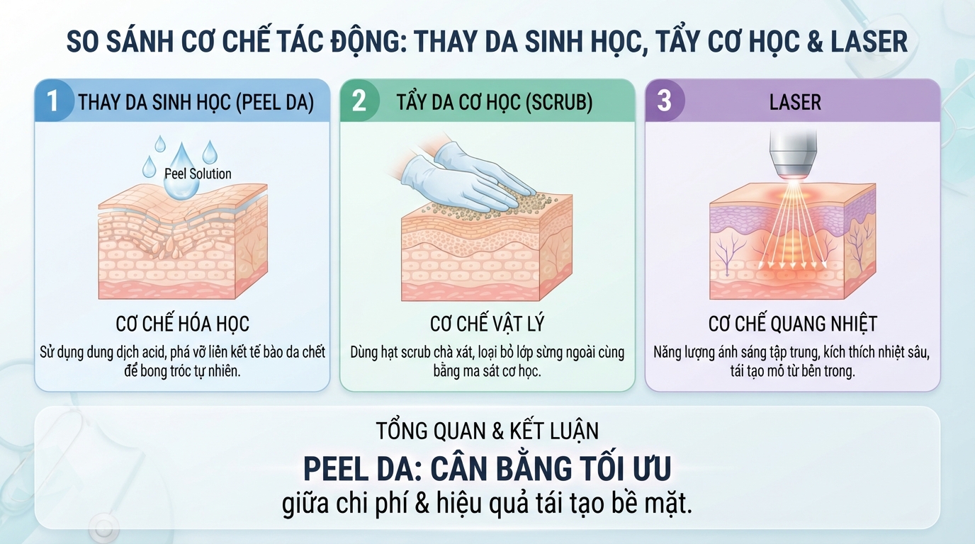 So sánh cơ chế tác động giữa thay da sinh học, tẩy cơ học và laser.