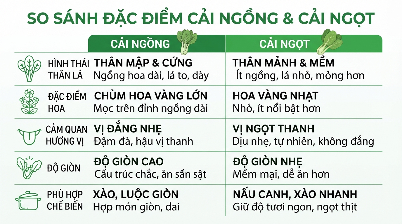 So sánh đặc điểm hình thái và hương vị giữa cải ngồng cùng cải ngọt.