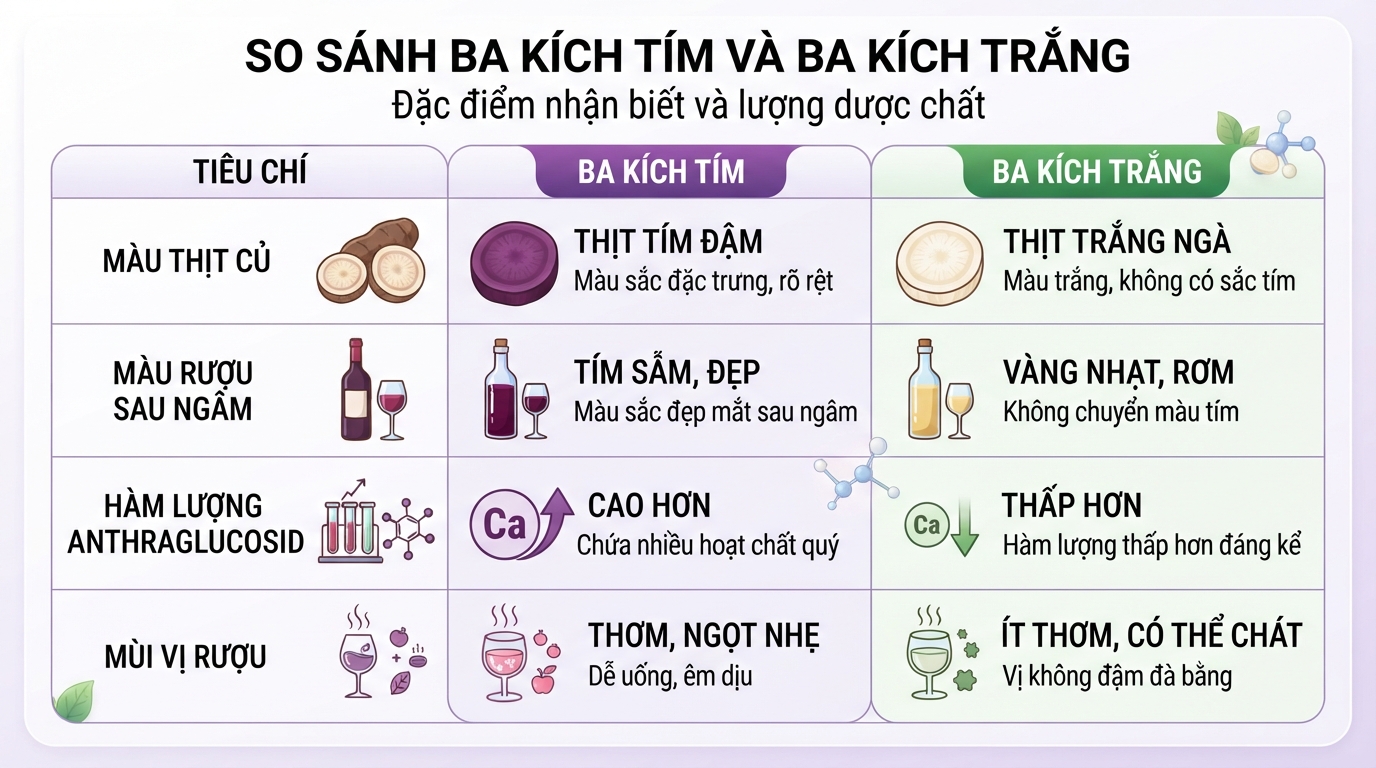 So sánh đặc điểm nhận biết và lượng dược chất giữa củ ba kích tím và ba kích trắng.