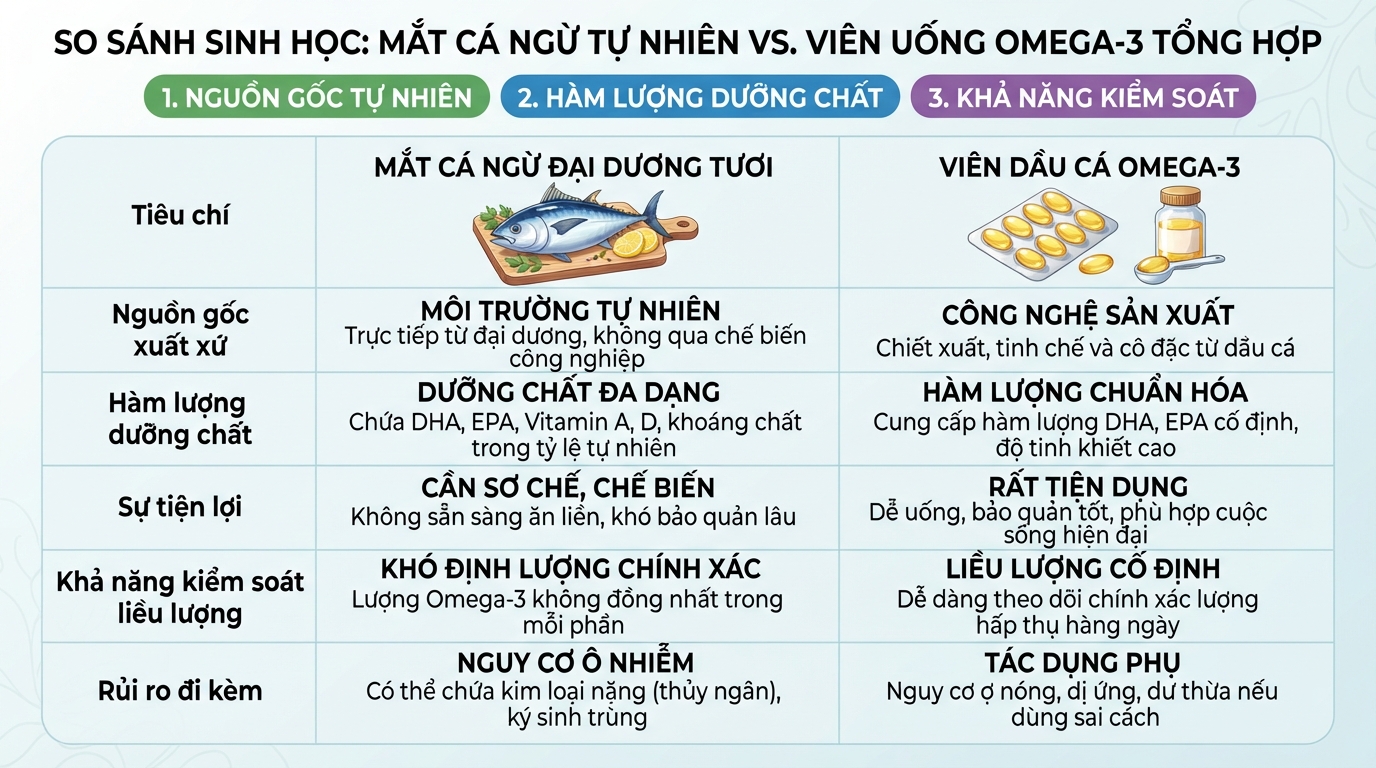 So sánh đặc tính sinh học giữa nguồn thực phẩm tự nhiên và viên uống tổng hợp.