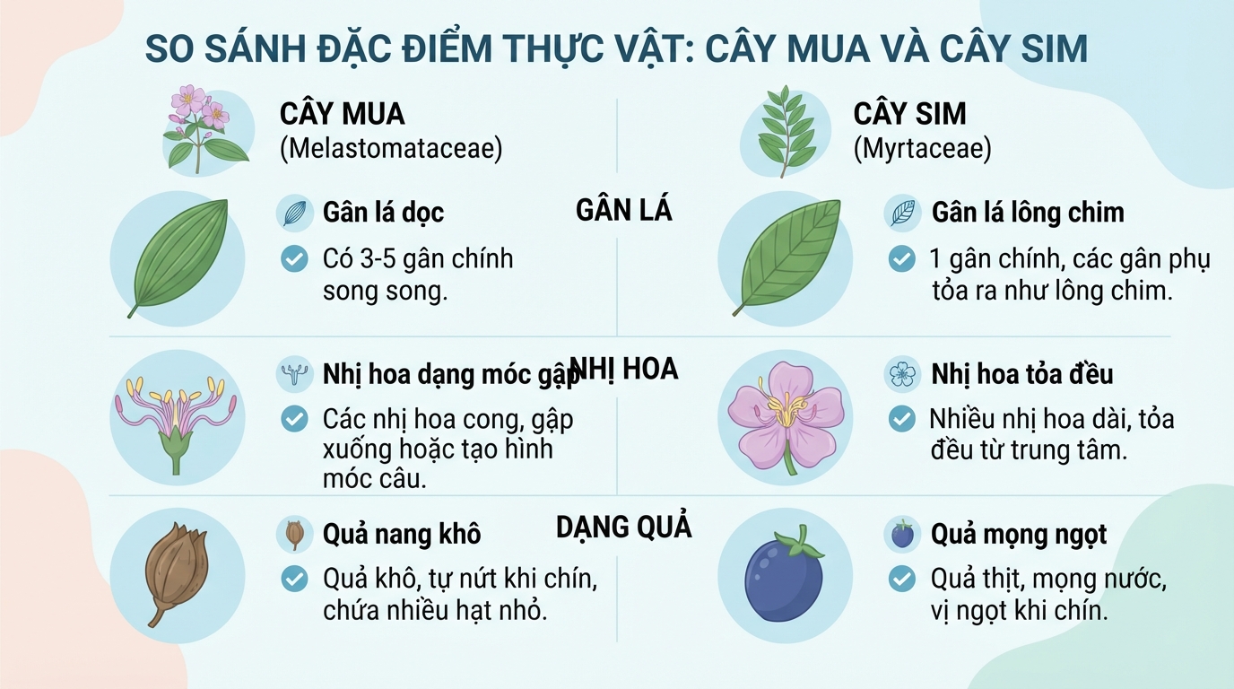 So sánh gân lá, nhị hoa và dạng quả giữa hai loài thực vật.