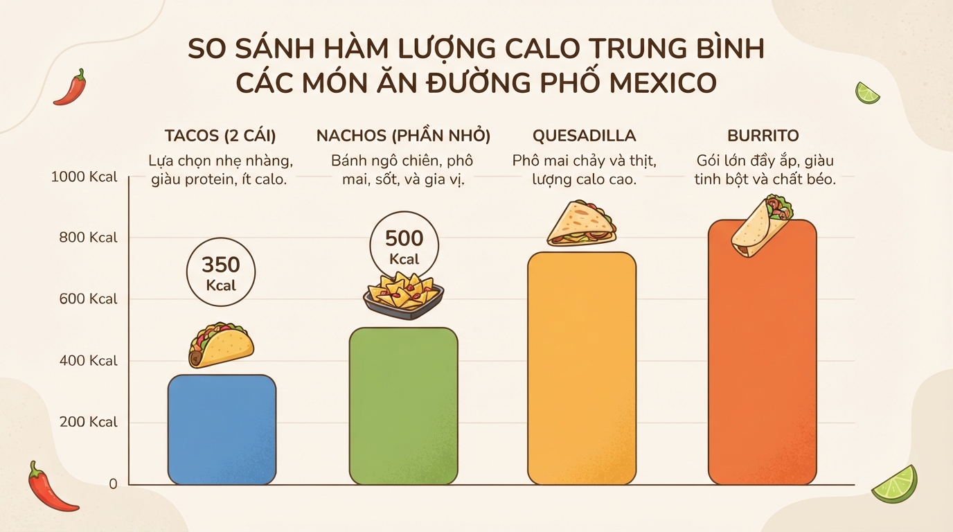 So sánh hàm lượng calo trung bình giữa các món ăn đường phố Mexico phổ biến.