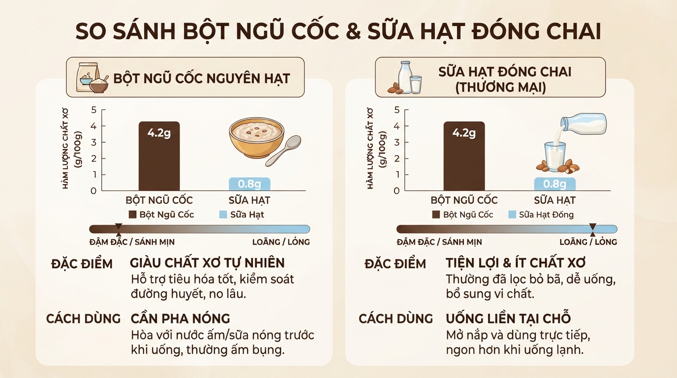 So sánh hàm lượng chất xơ và độ đậm đặc giữa bột ngũ cốc và sữa hạt đóng chai.
