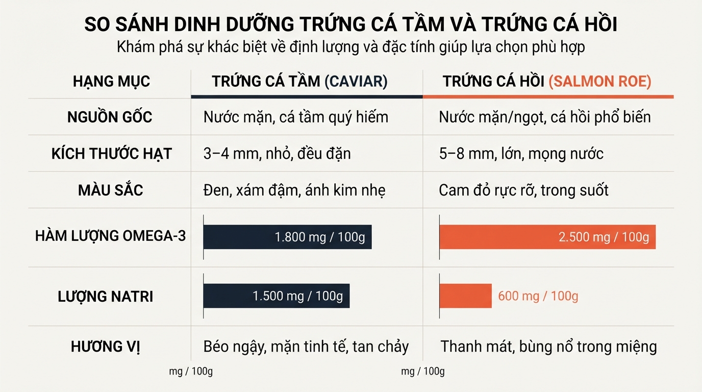 So sánh hàm lượng Omega-3 giữa trứng cá tầm và trứng cá hồi.