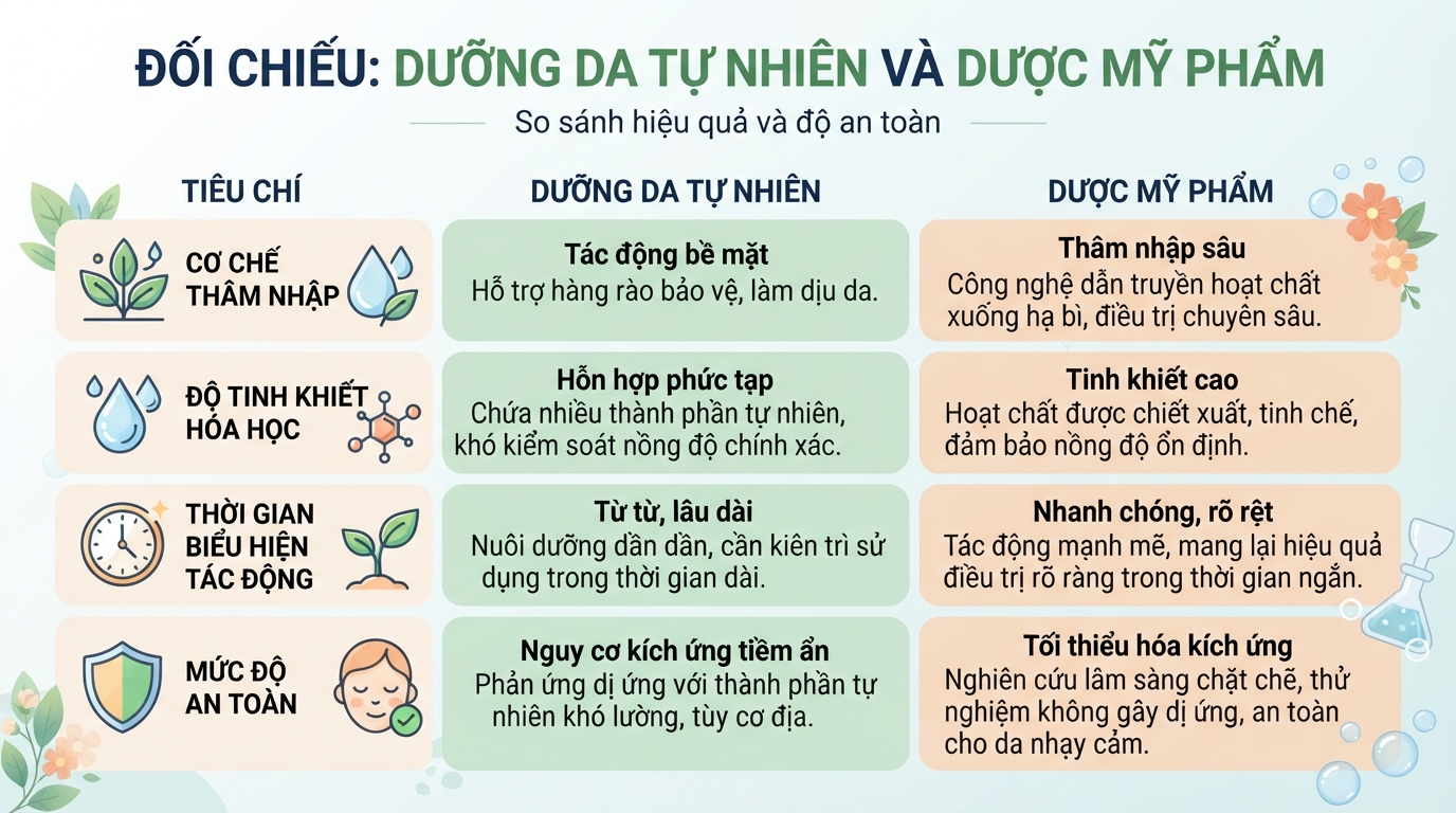 So sánh hiệu quả và độ an toàn giữa dưỡng da tự nhiên và dược mỹ phẩm.