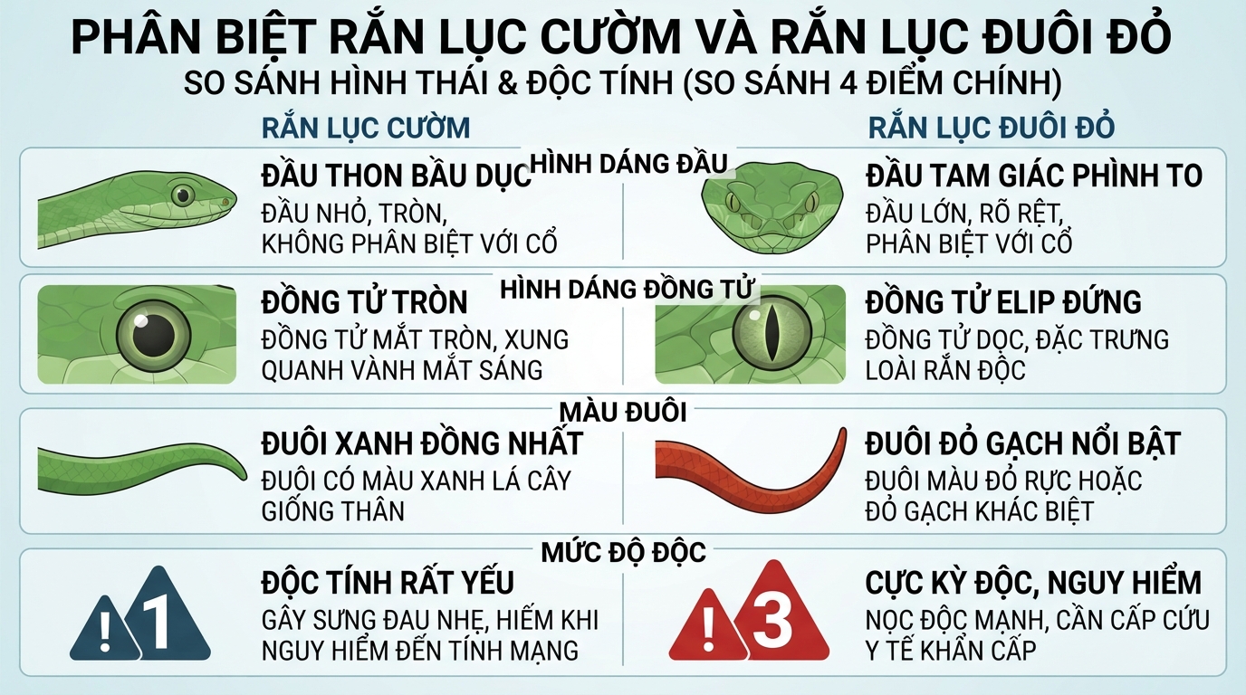 So sánh hình dáng đầu, mắt và màu đuôi để phân biệt hai loài rắn.