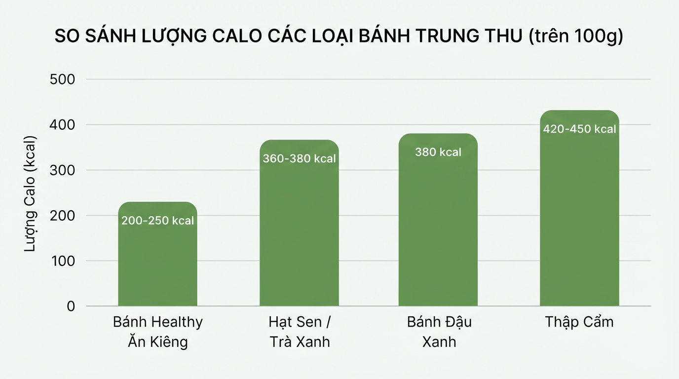 So sánh lượng calo của bánh đậu xanh với các loại bánh trung thu phổ biến khác.