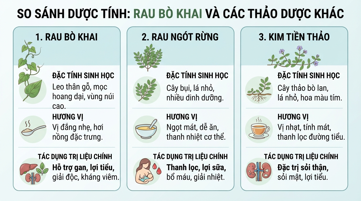 So sánh sự khác biệt về dược tính giữa rau bò khai và các thảo dược khác.
