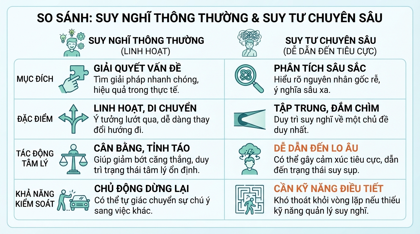 So sánh suy nghĩ thông thường linh hoạt với suy tư tập trung chuyên sâu.