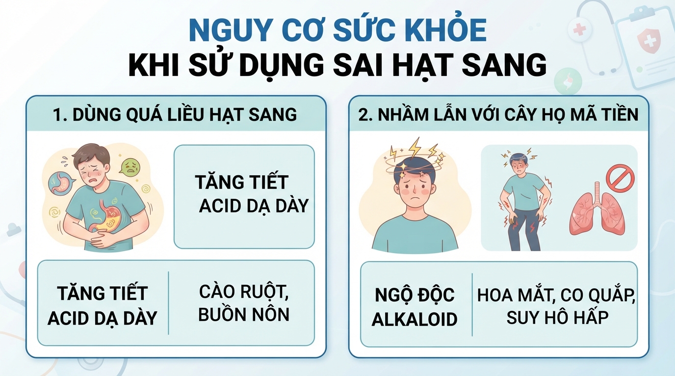 Sử dụng quá liều gây tăng tiết acid hoặc ngộ độc alkaloid do nhầm loại hạt.