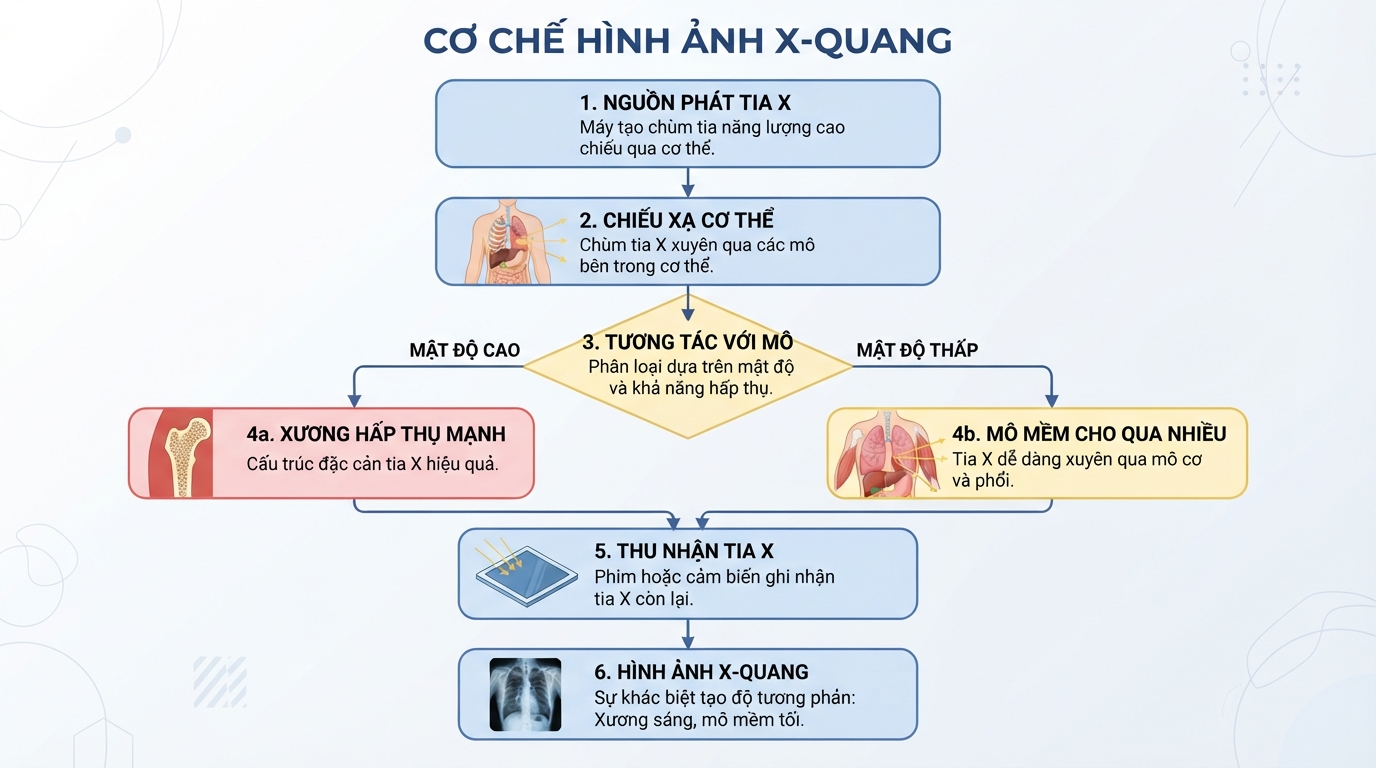 Sự hấp thụ tia X khác nhau giữa các mô giúp hình ảnh x quang rõ nét.