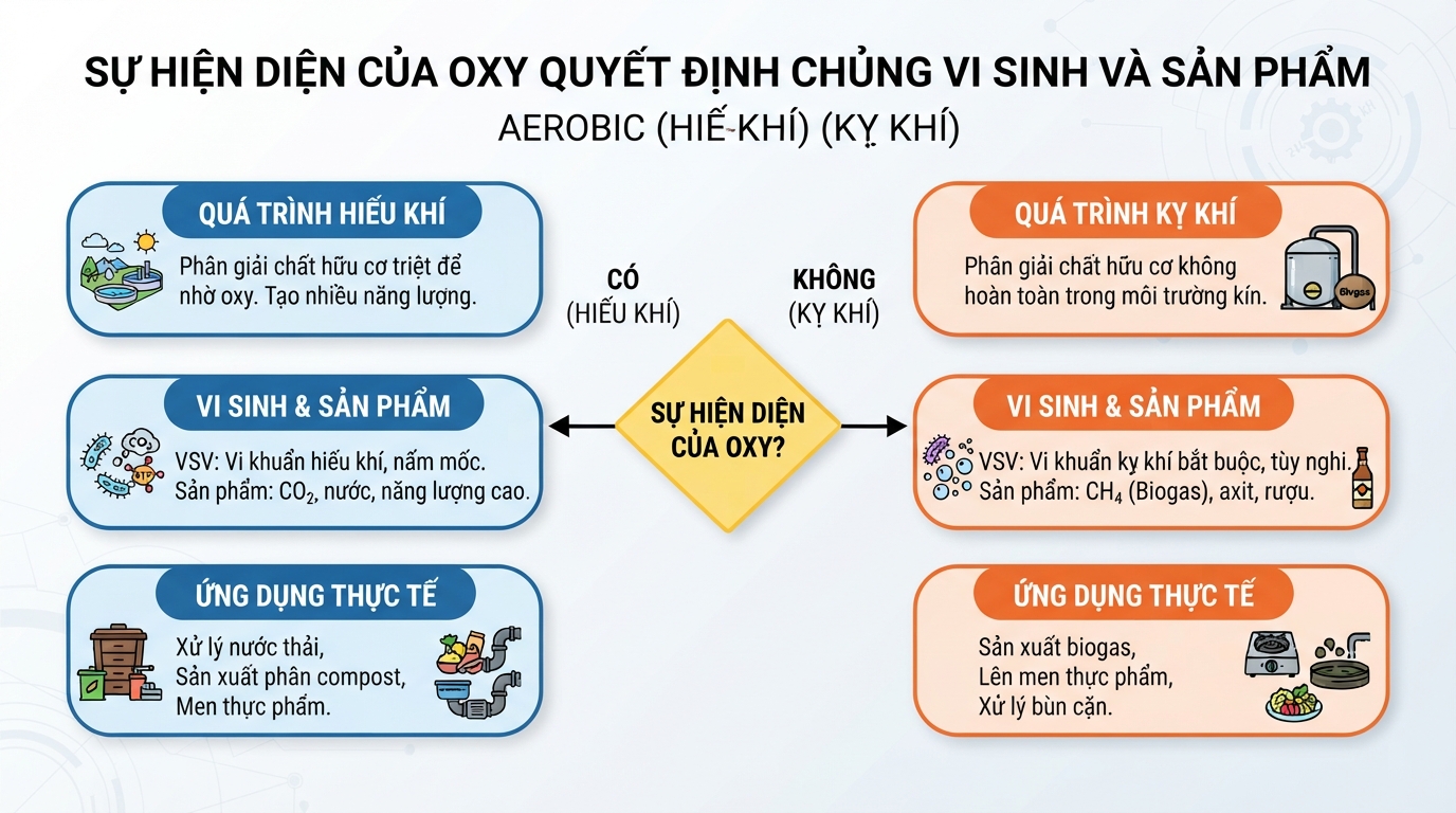 Sự hiện diện của oxy quyết định chủng vi sinh phát triển và sản phẩm cuối cùng.