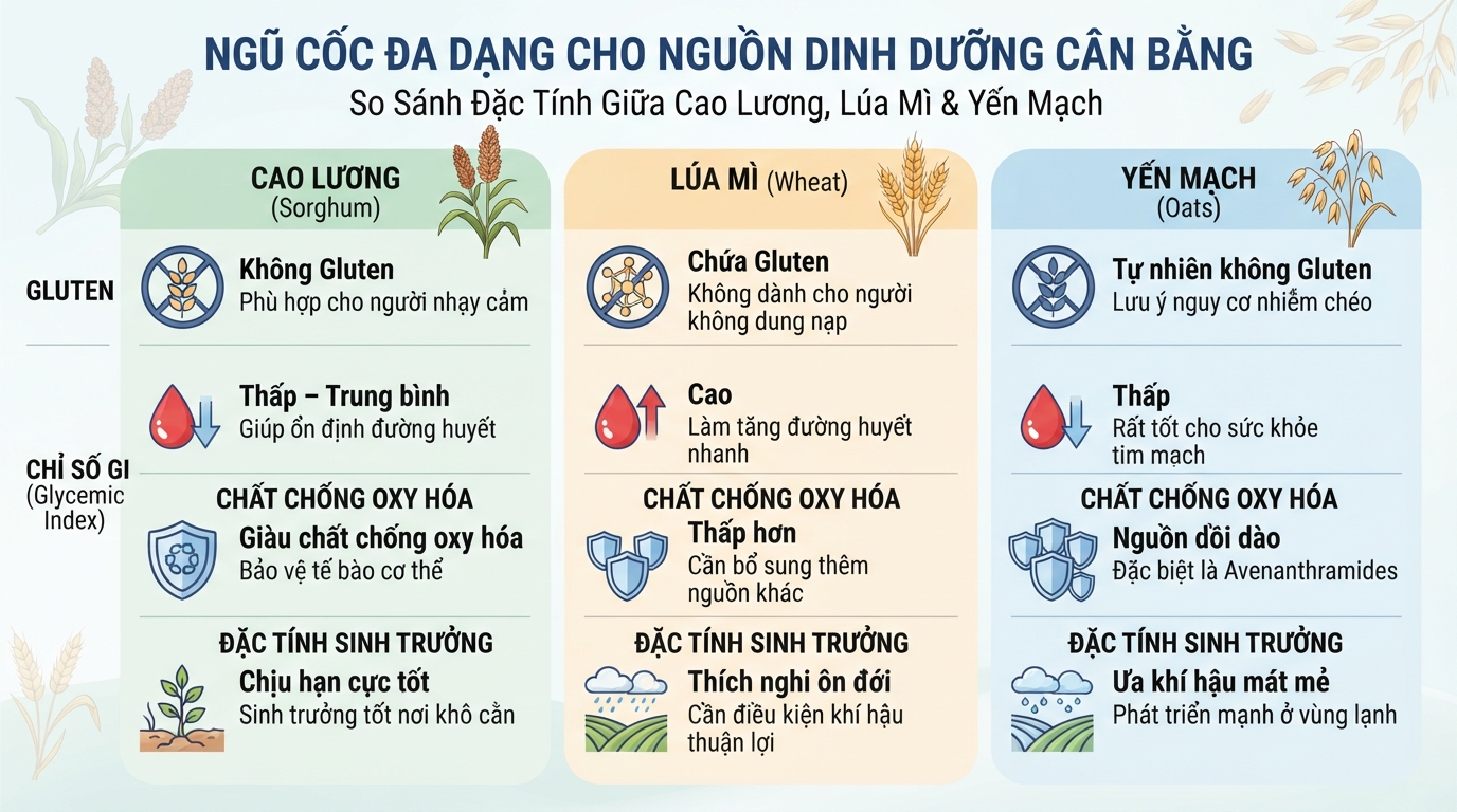 Sự kết hợp đa dạng các loại ngũ cốc mang lại nguồn dinh dưỡng cân bằng.